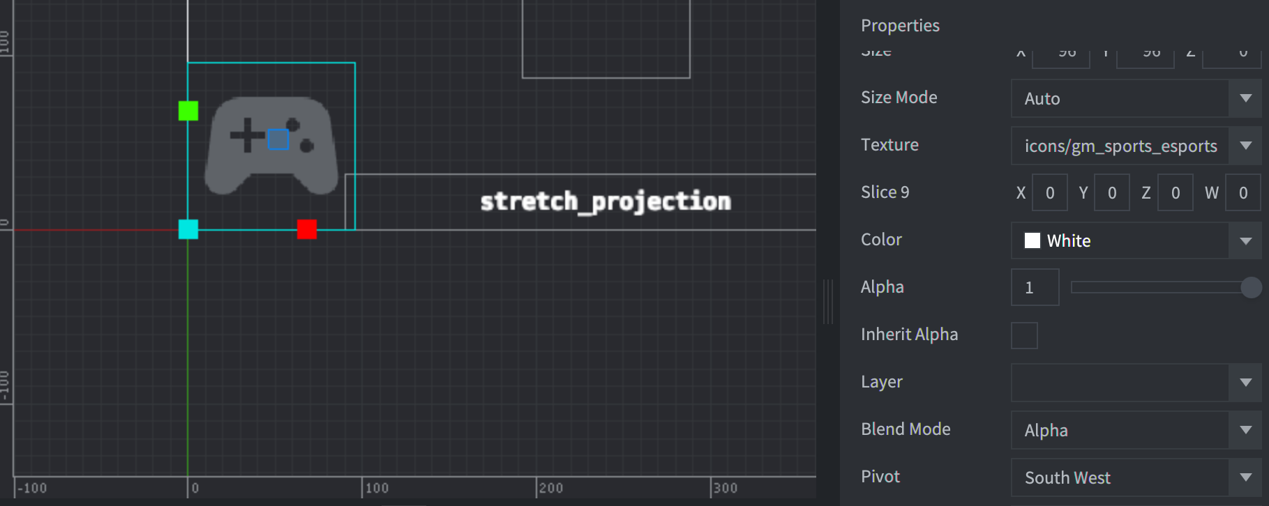 โหนด GUI ที่ตั้งค่า Pivot เป็นตะวันตกเฉียงใต้