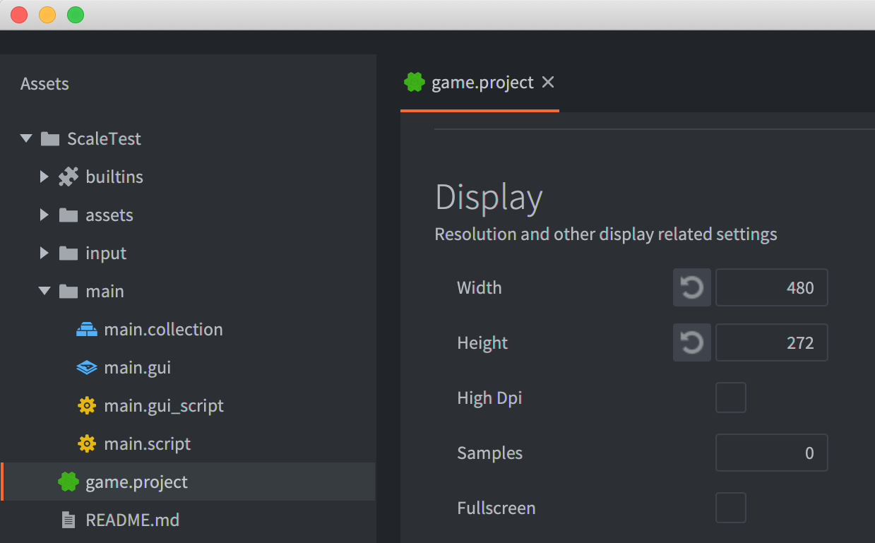 Phần cài đặt display (màn hình) của dự án Defold