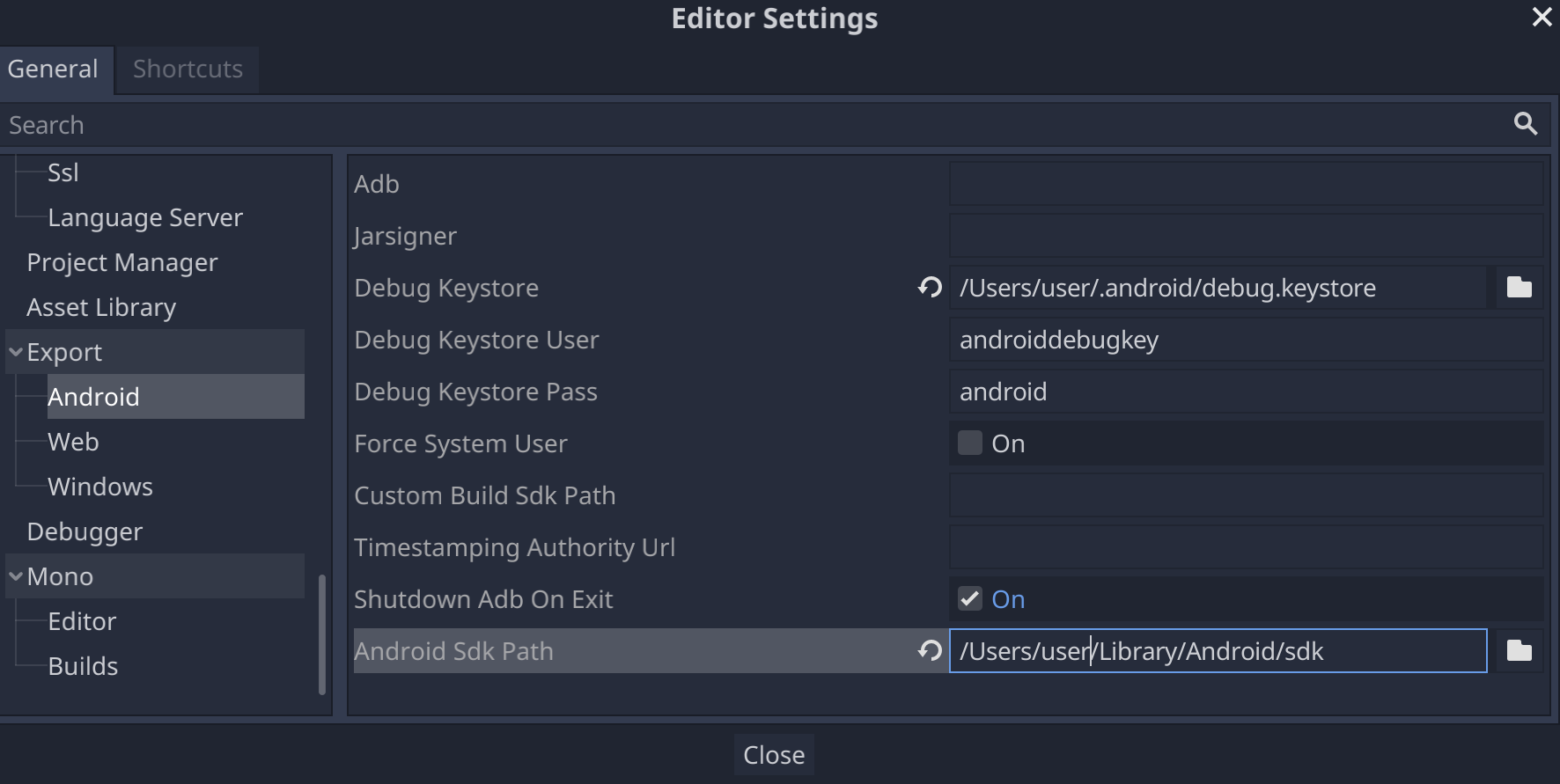 Configuración de la ruta de acceso del SDK de Android en la configuración del editor de Godot
