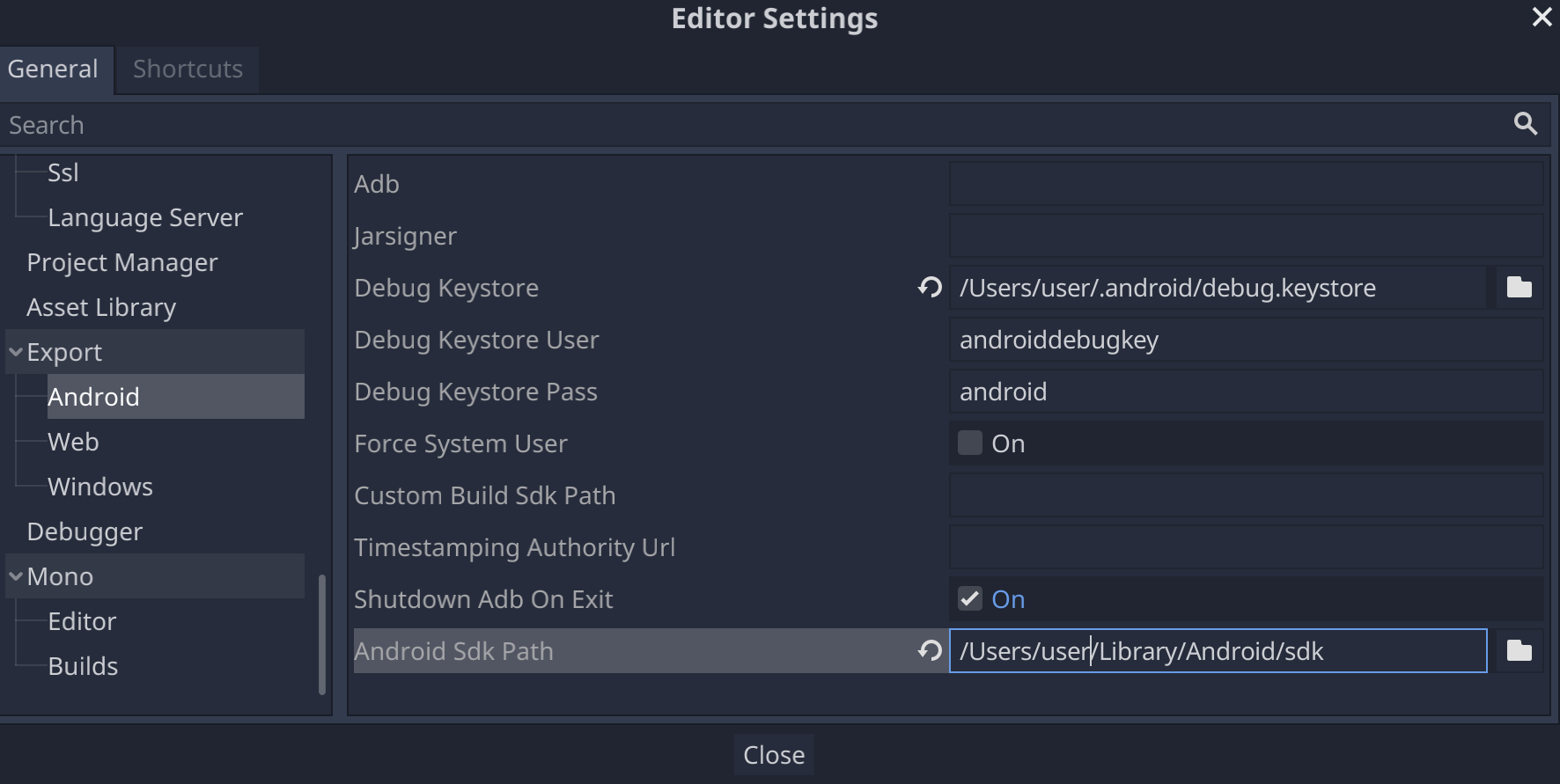 Paramètre du chemin du SDK Android dans les paramètres de l&#39;éditeur Godot