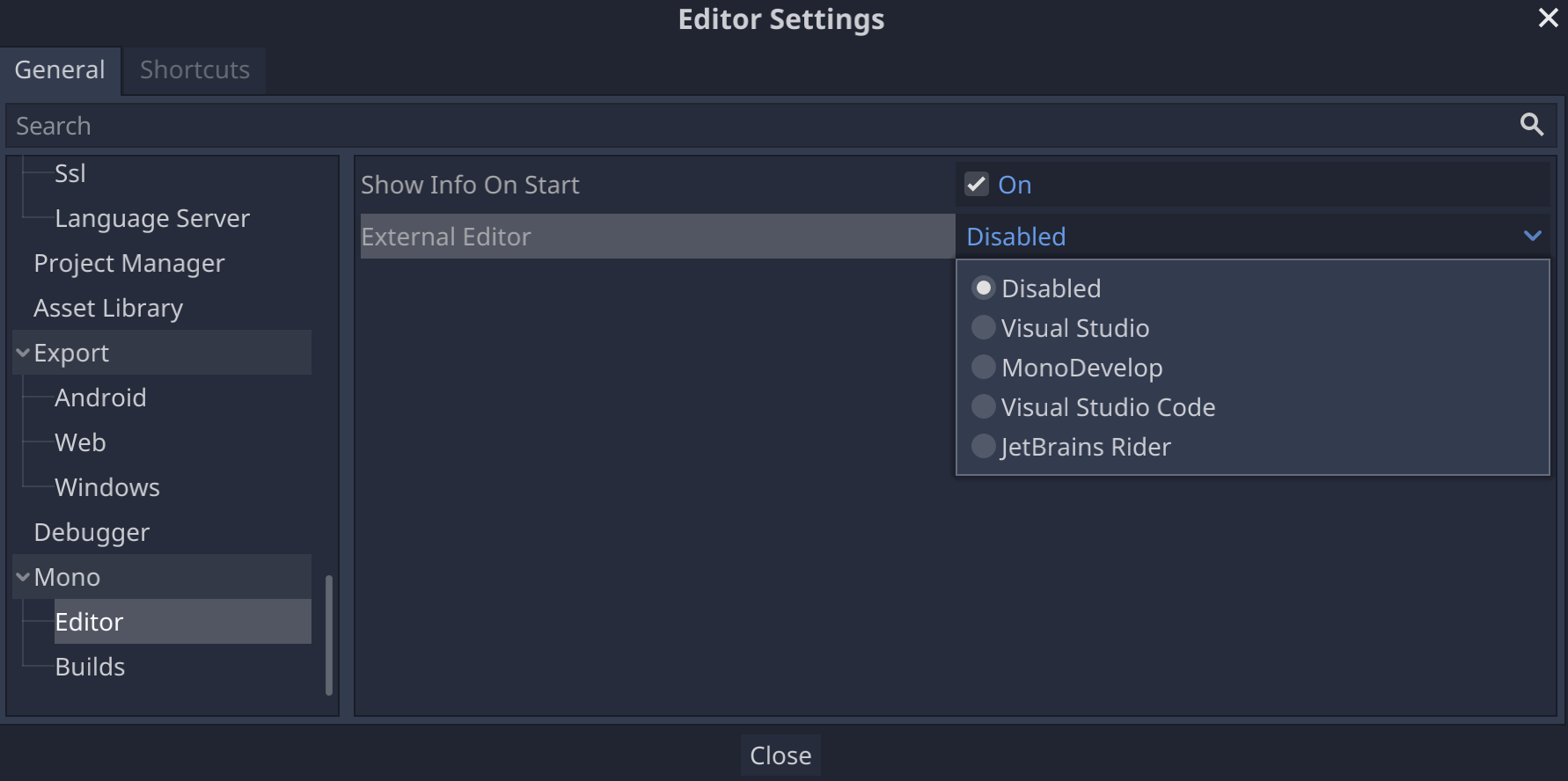 Configuração de editor externo nas configurações do editor do Godot