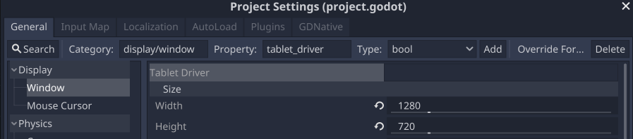 Configuración de ancho y alto del proyecto en Godot