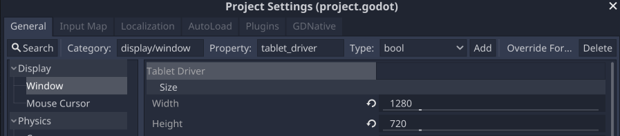 Godot 的“Project Settings”中的“Width”和“Height”