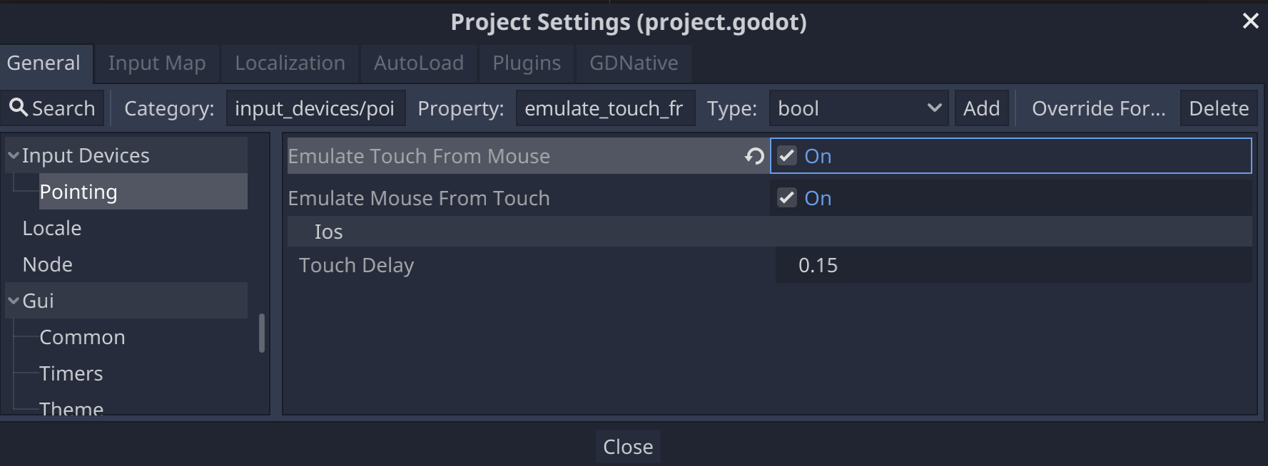 Godot-Projekteinstellungen für Eingabegeräte