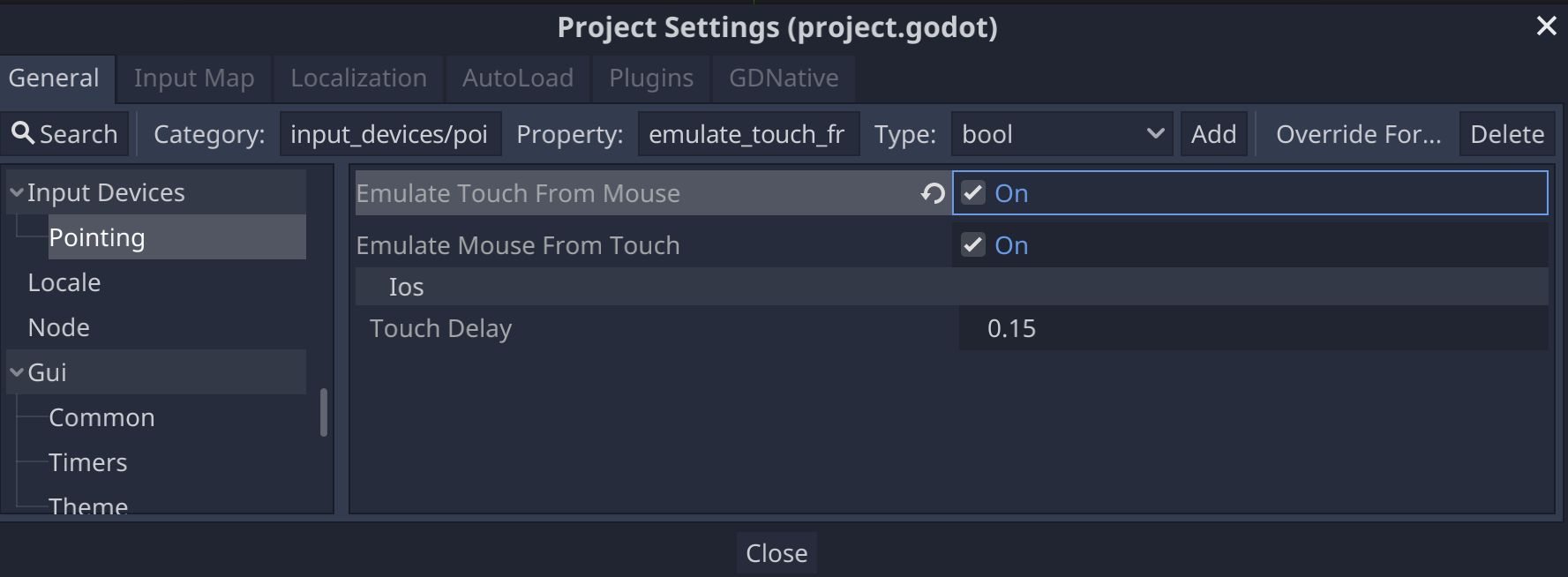 Configurações do projeto Godot para dispositivos de entrada