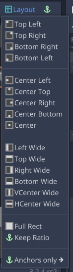 Godot 편집기 Layout 드롭다운 메뉴