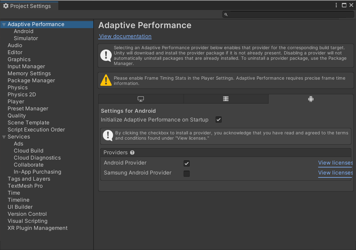 Adaptive Performance and Android Provider.