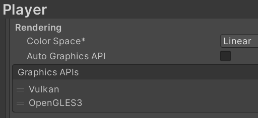 Project Settings > Player Settings > Rendering > Graphics API (Paramètres de projet > Paramètres de lecteur > Affichage > API graphiques)