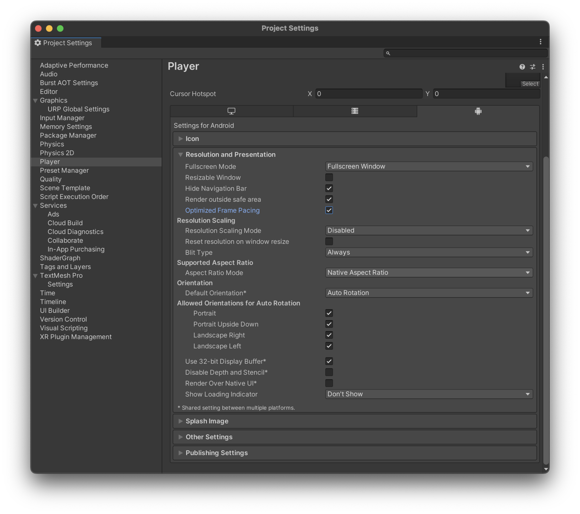 Cuadro de diálogo que muestra Project Settings > Player Settings > Optimized Fame Pacing