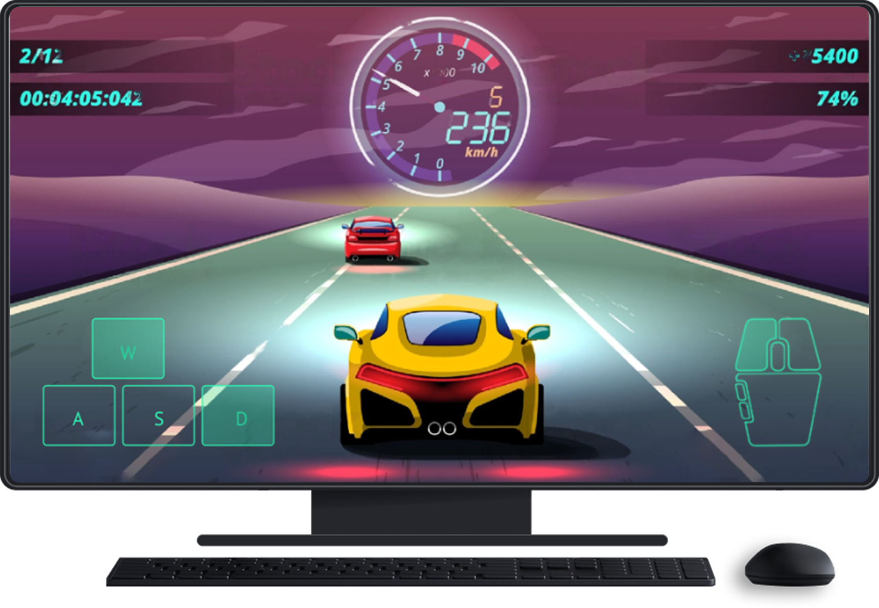 Computer desktop con tastiera e mouse. Il gioco è sullo schermo e mostra gli input del touchscreen per il controllo della direzione e il mouse.