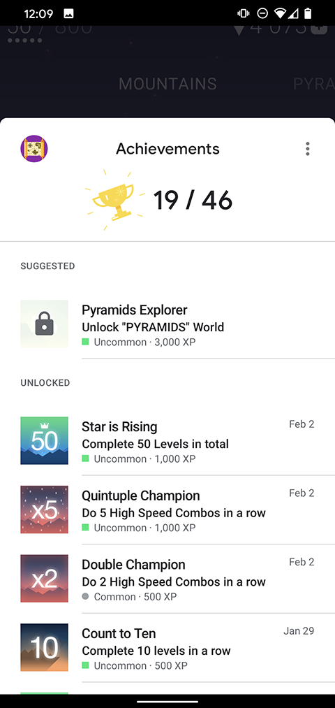 Example of the default achievements UI