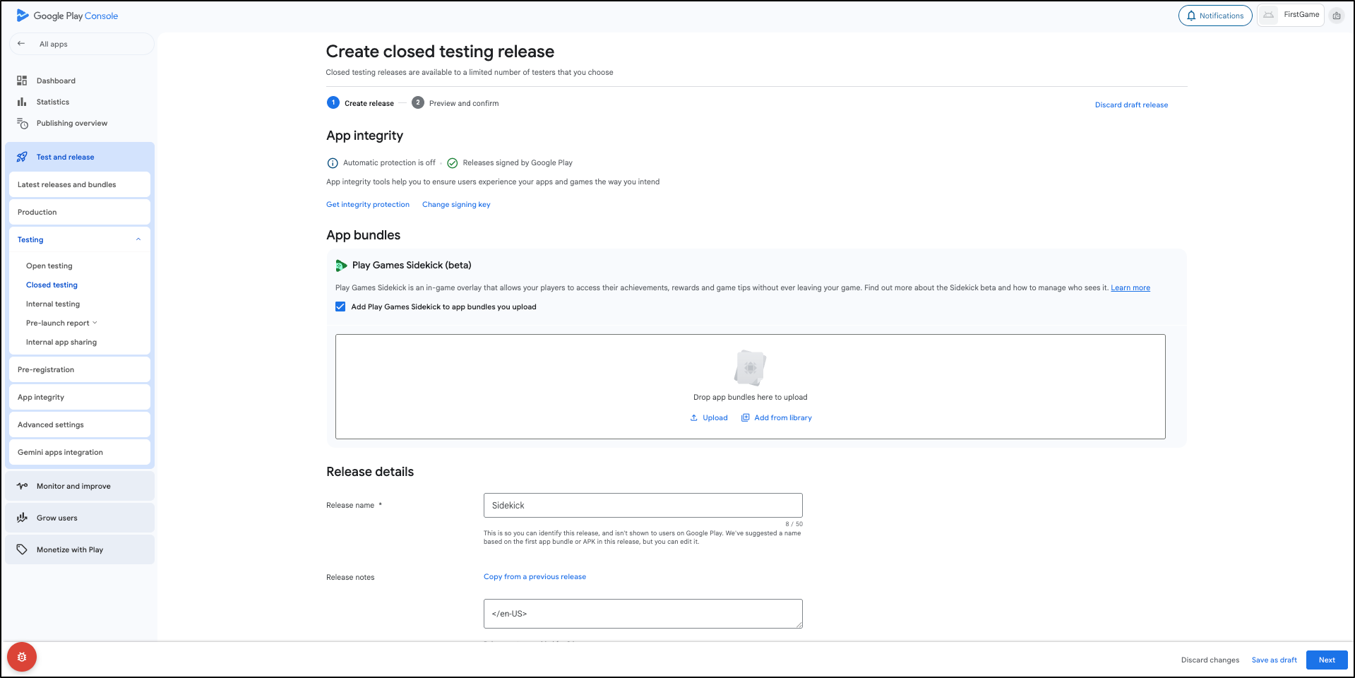 প্লে কনসোলে "আপনার আপলোড করা অ্যাপ বান্ডেলে প্লে গেমস সাইডকিক যোগ করুন" চেকবক্সটি দেখতে পাবেন।