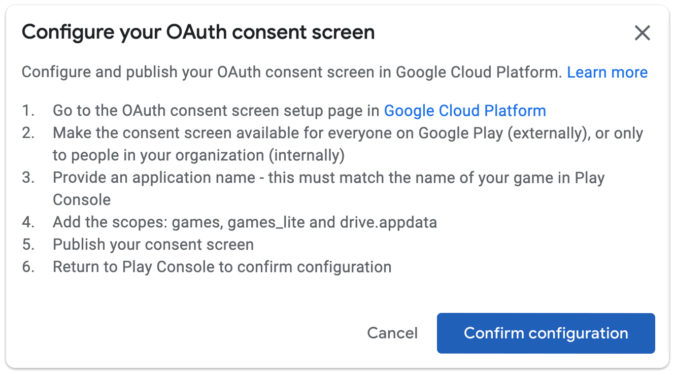 Mensaje para configurar la pantalla de consentimiento de OAuth