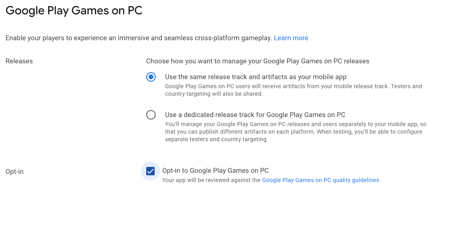 选择是否为 Google Play 游戏电脑版使用专用轨道的屏幕截图