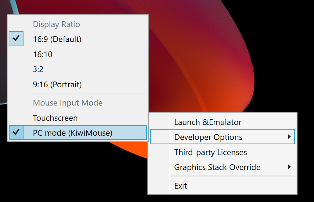 Captura de tela do &quot;PC mode(KiwiMouse)&quot; selecionado no menu de contexto