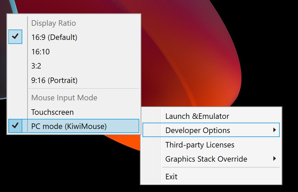 Screenshot des im Kontextmenü ausgewählten „PC mode(KiwiMouse)“