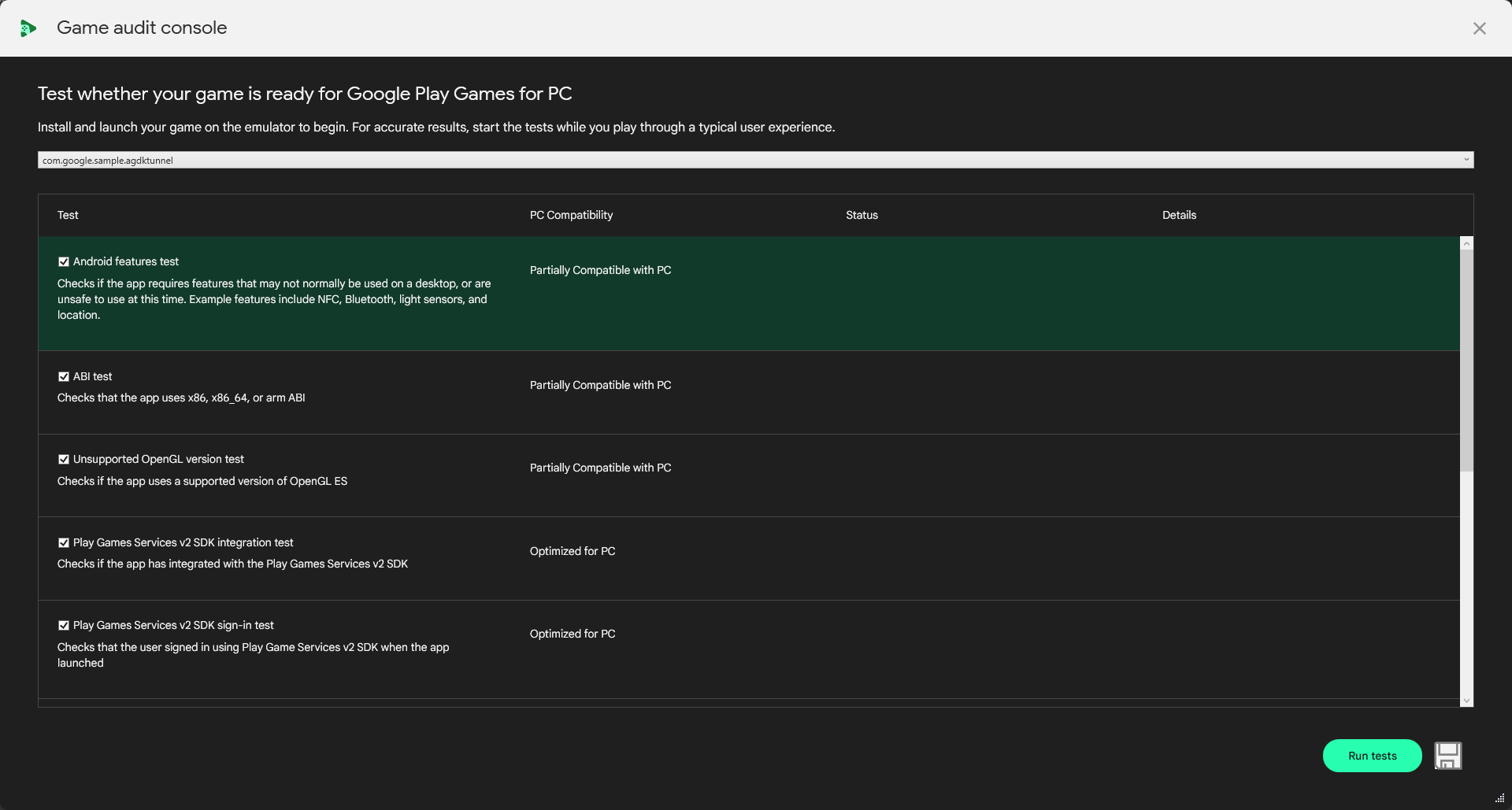 A screenshot of the Game Readiness Checker with several results shown. There
are three columns labelled "Test", "Status", and "Details". Status has green
text "Test passed" and or red text "Test failed".