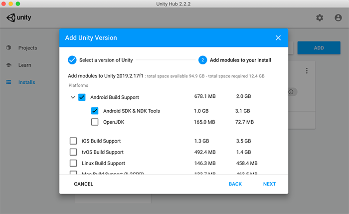 إضافة خيار NDK لدعم إصدار Android في Unity Hub
