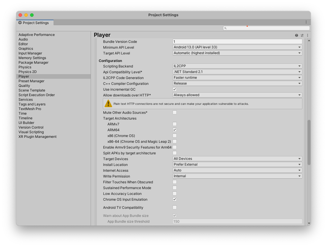 The player settings in your Unity project