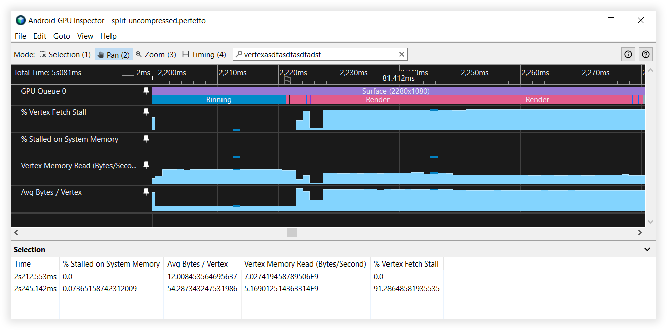 Android GPU Inspector view of split vertex streams