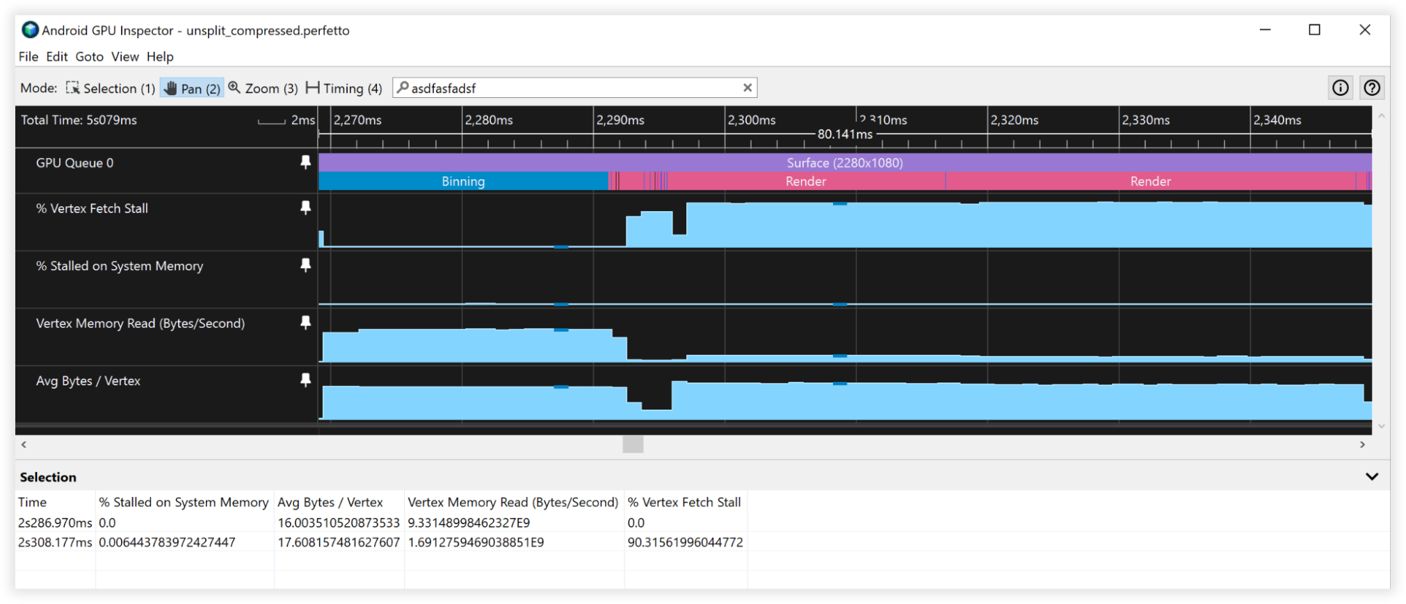 Vista de vértices comprimidos del Inspector de GPU de Android