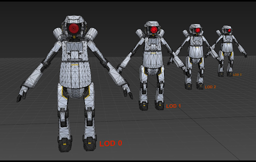 En el lado izquierdo, se encuentra el robot con el mayor nivel de detalle y la mayor cantidad de triángulos. A la derecha, el robot se encuentra más lejos, tiene menos detalles y usa menos triángulos.