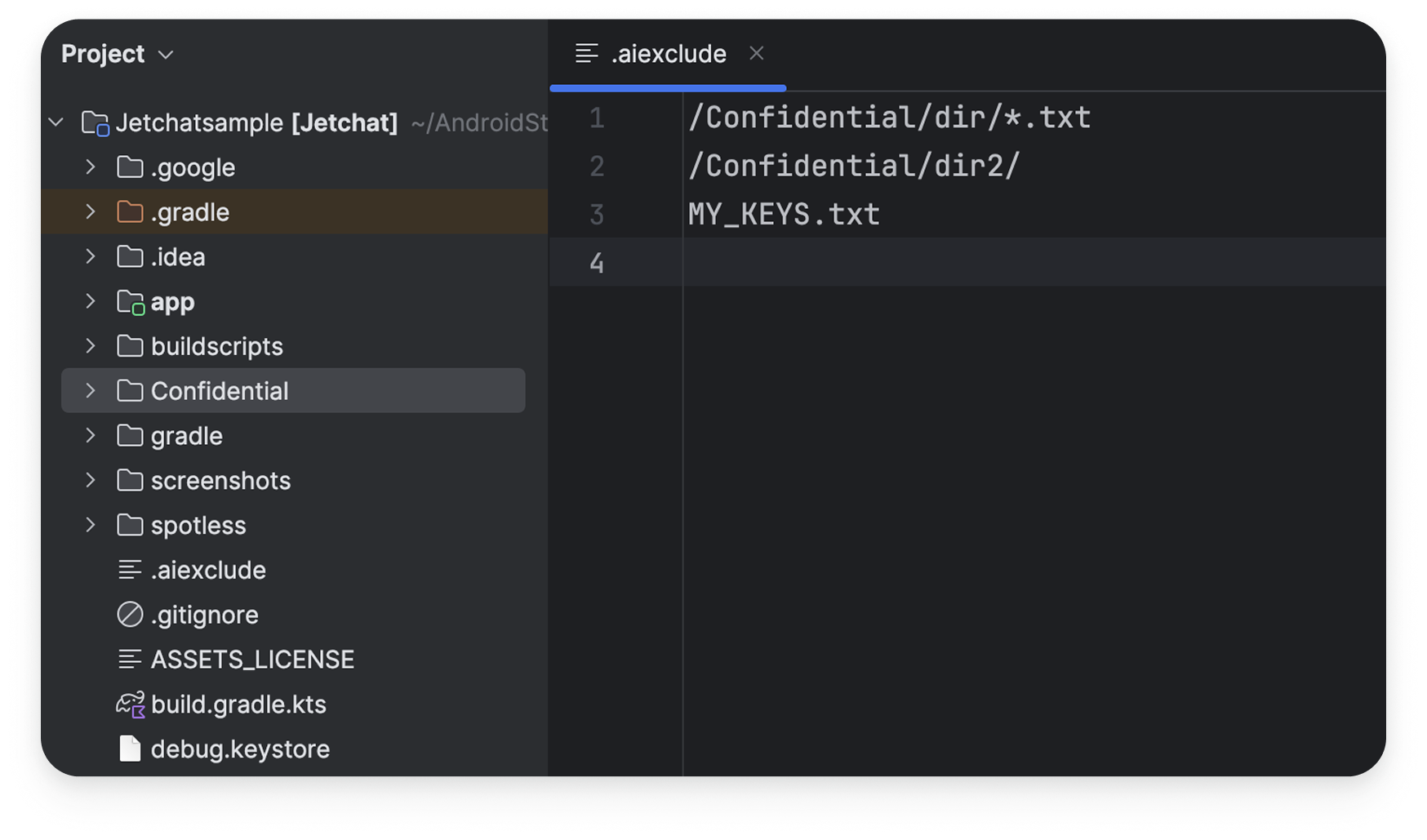 Captura de pantalla del archivo de configuración .aiexclude