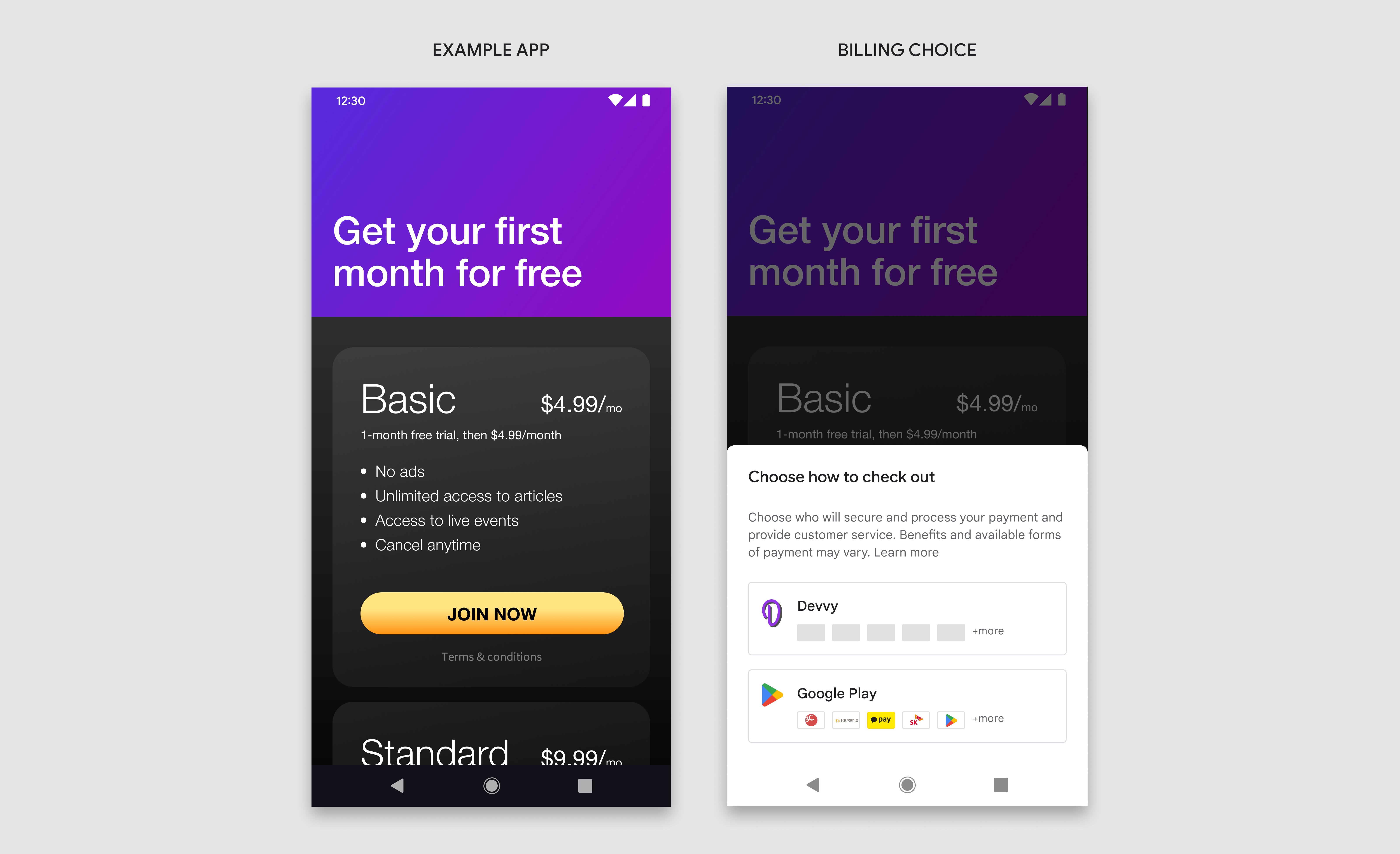 the billing choice screen with equal representation for each
          billing option