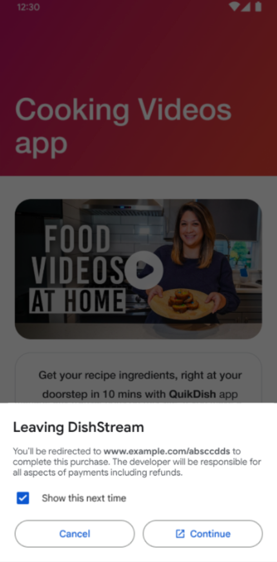 Dem Nutzer wird ein Informationsbildschirm angezeigt, bevor er aus der App herausgeleitet wird.