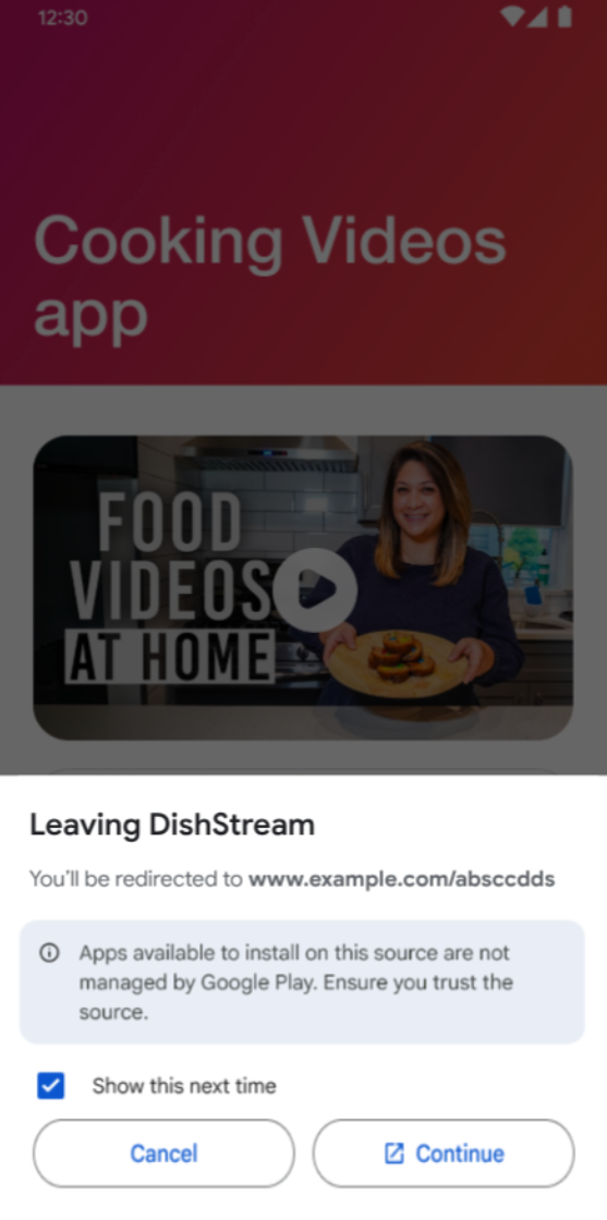 The user is shown an information screen before being directed outside of the app.