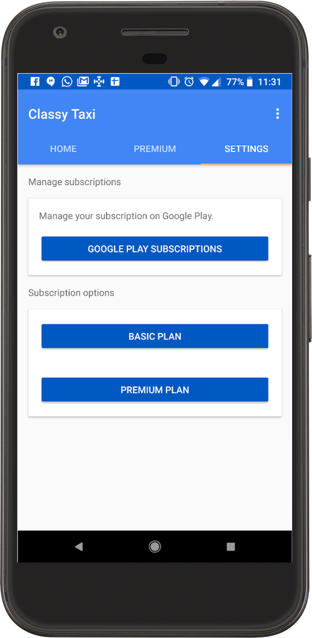 「定期購入を管理」するリンクの例（画像内の [Google Play Subscriptions] ボタン）。