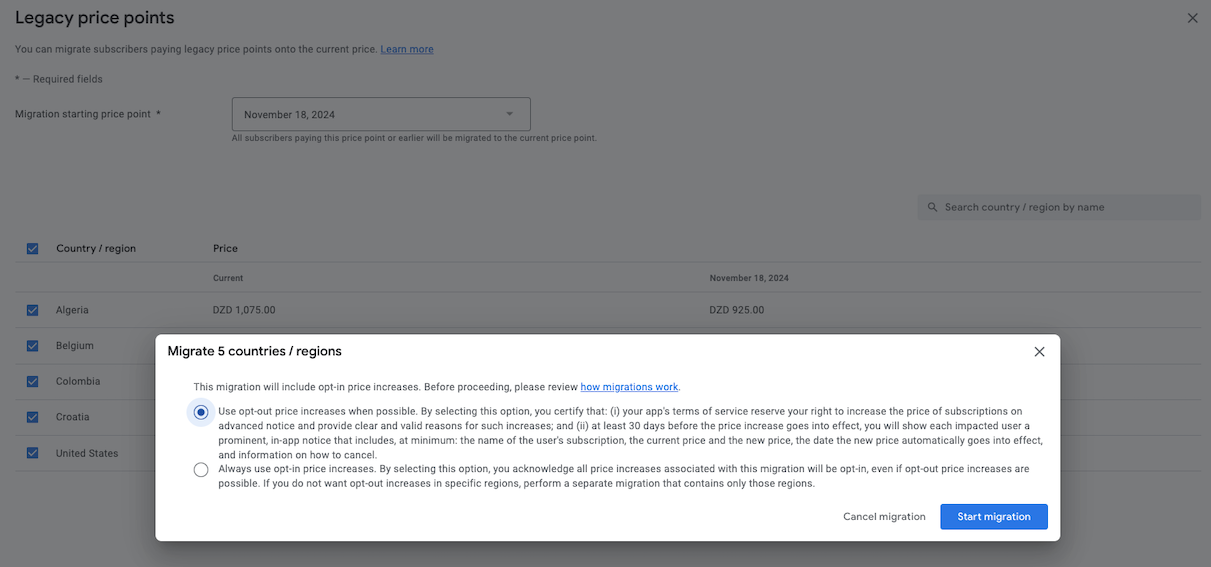 Google Play Console में, कीमत बढ़ने पर ऑप्ट-आउट करने की सुविधा के साथ, पुरानी कीमत पर सदस्यता लेने वाले लोगों के ग्रुप को माइग्रेट करना