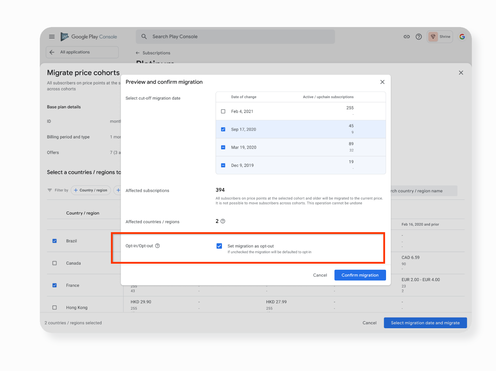 Migração da coorte de preço legada do Google Play Console com recusa de aumento