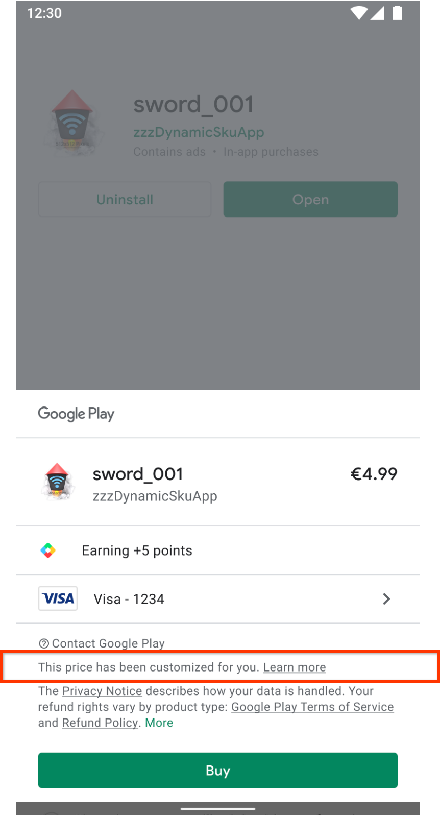 Fiyatın kullanıcı için özelleştirildiğini gösteren Google Play satın alma ekranı.