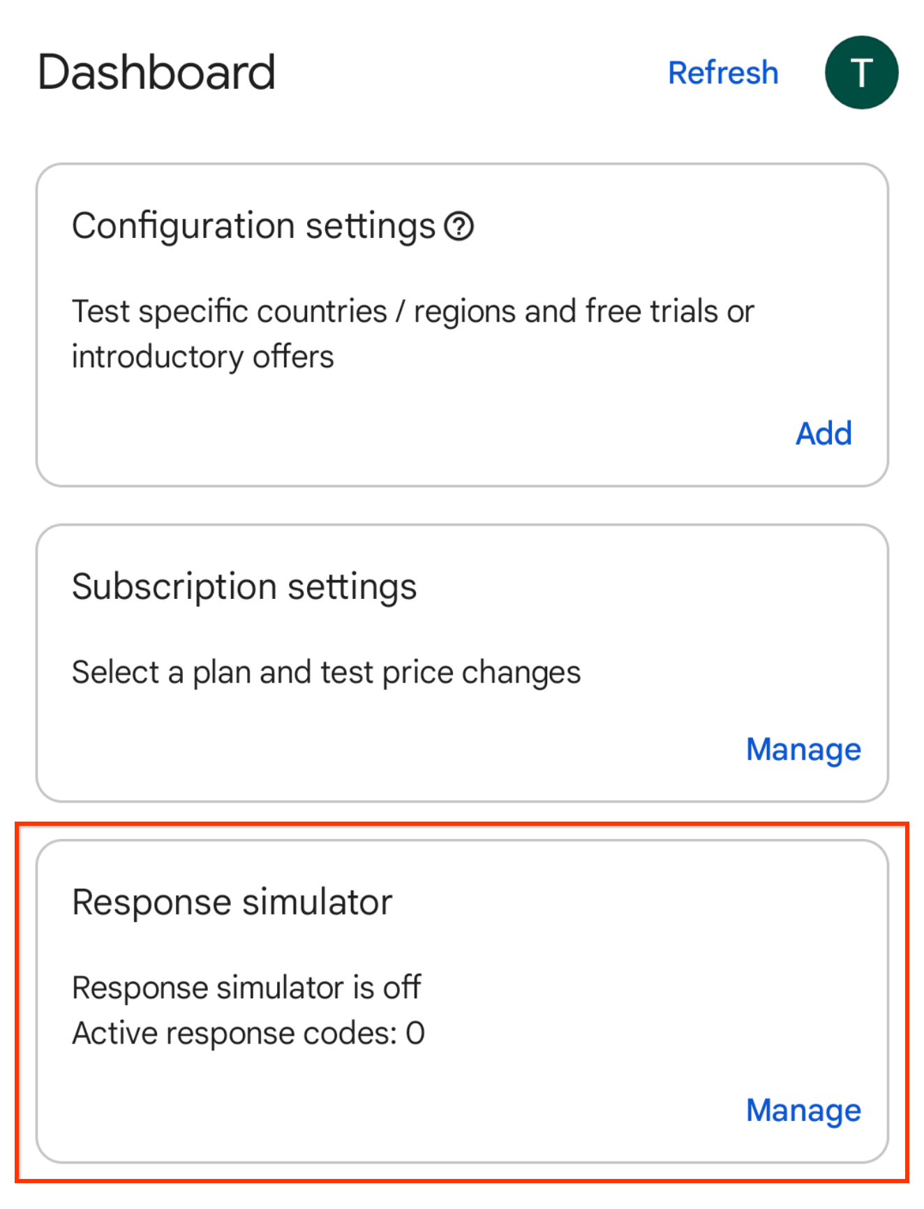 Response Simulator カードが表示されたダッシュボード