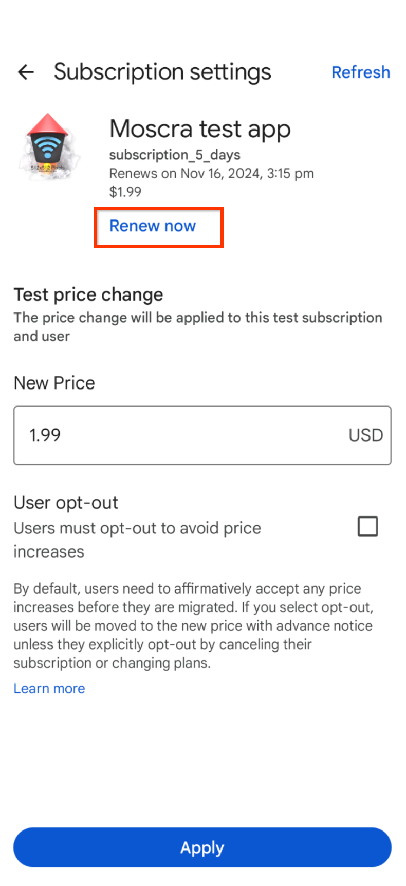 test subscription renew now