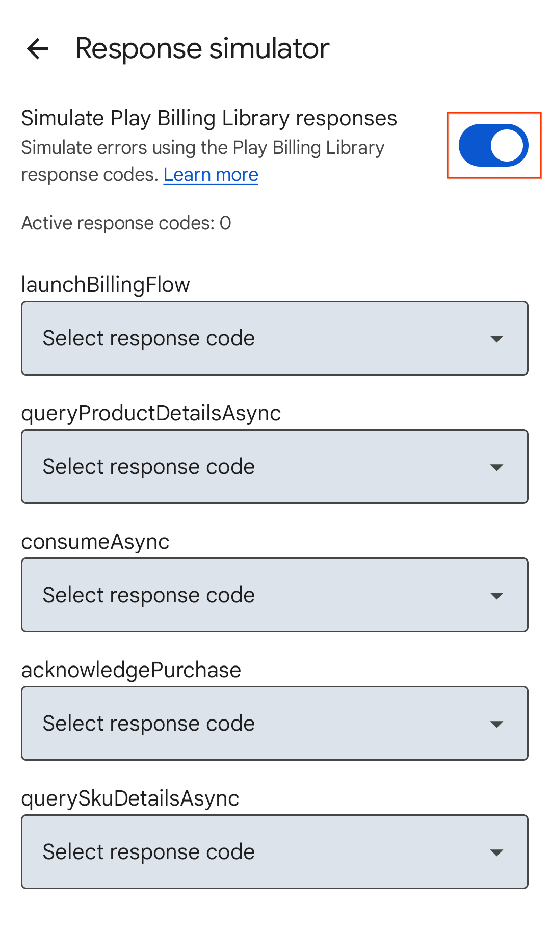 จำลองสวิตช์คำตอบใน Play Billing Library