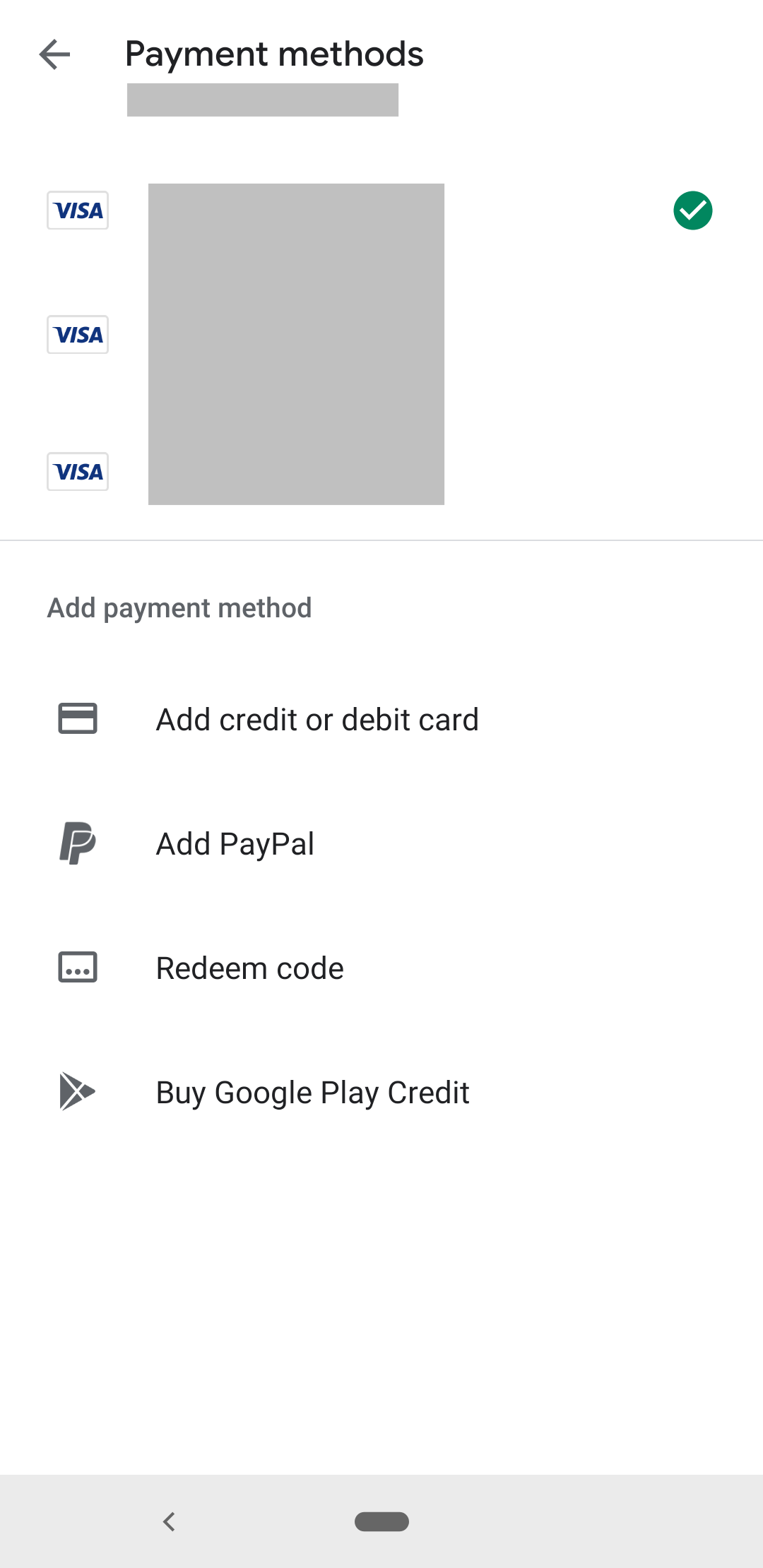 schermata che elenca i metodi di pagamento per un acquisto in-app
