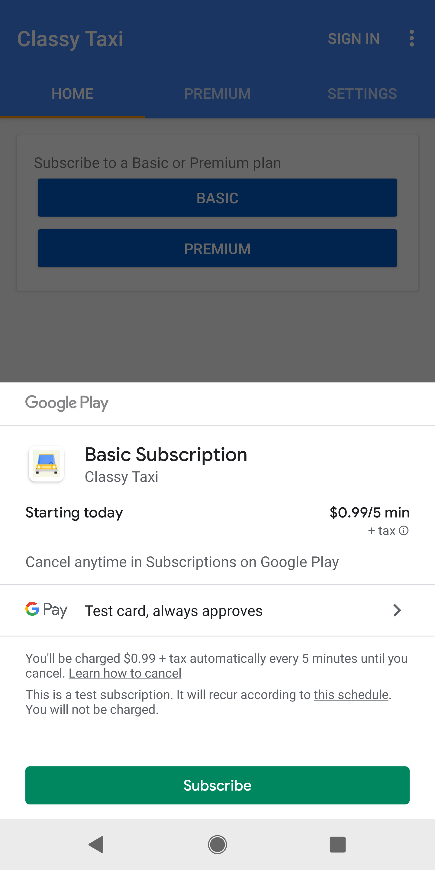 Google Play 购买屏幕显示了可供购买的订阅