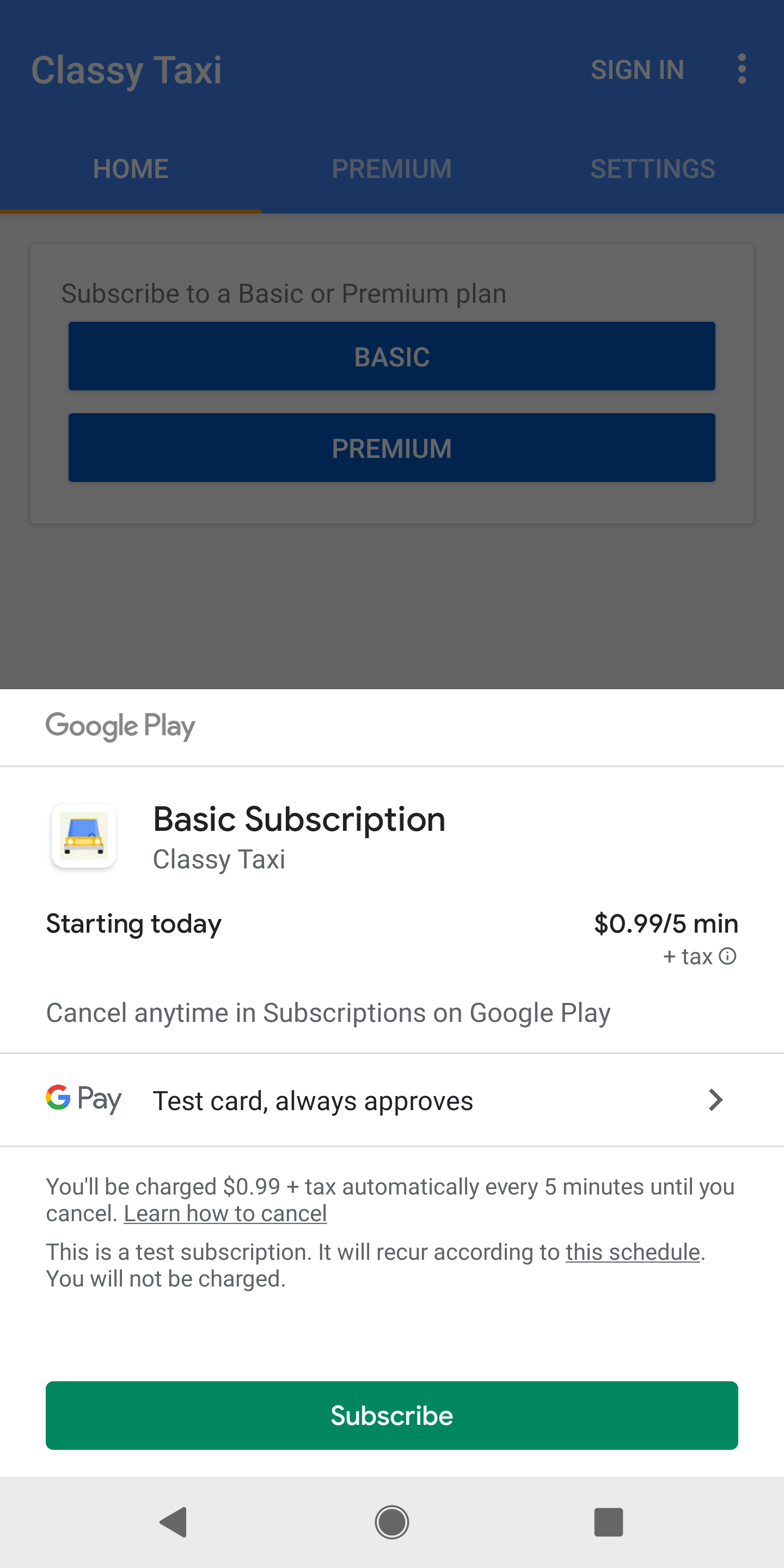 En la pantalla de compra de Google Play, se muestra una suscripción que está disponible para su compra