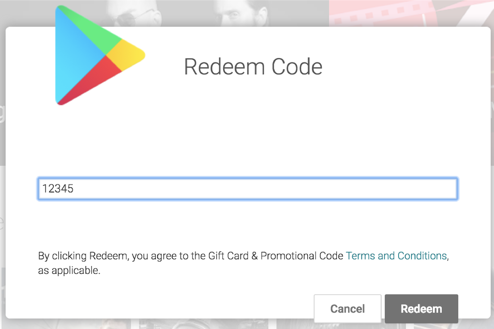 Google Play 앱의 코드 사용 대화상자