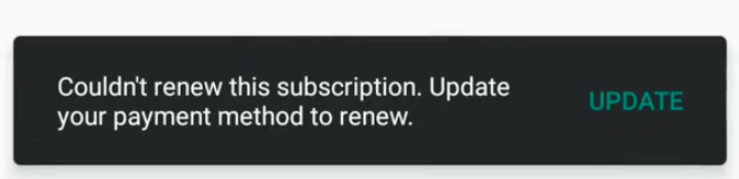 Barra de notificaciones que notifica al usuario para que resuelva su problema de pago