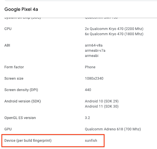 صفحة هاتف Pixel 4a في قائمة الأجهزة