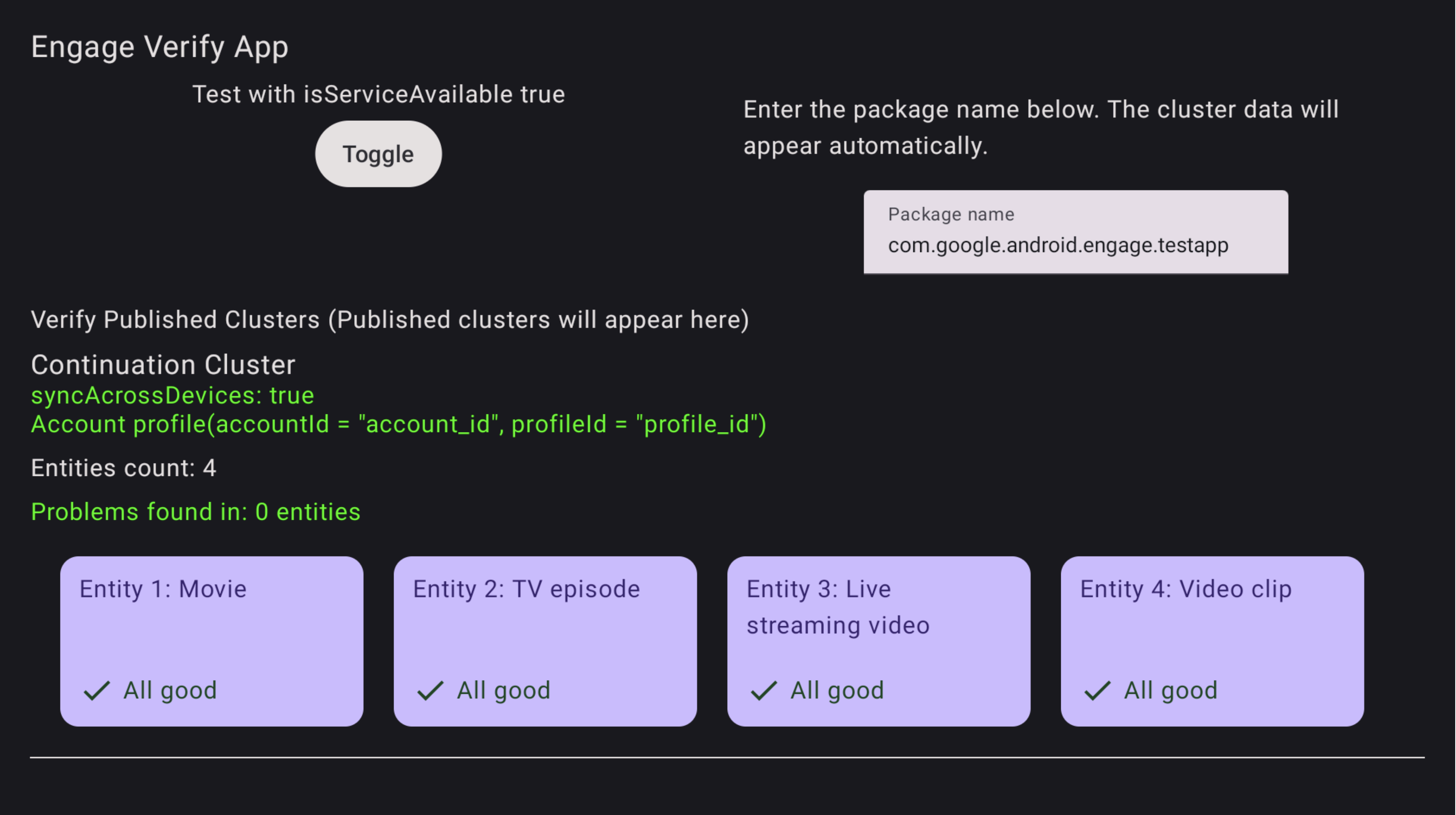 Captura de pantalla de la verificación correcta de la app