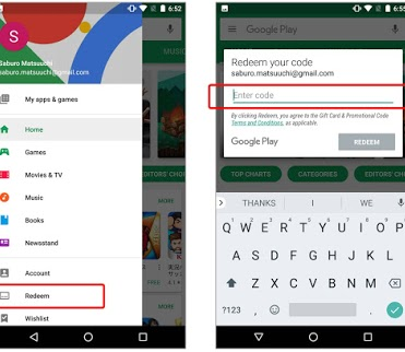 Redeem menu in the Play Store app.