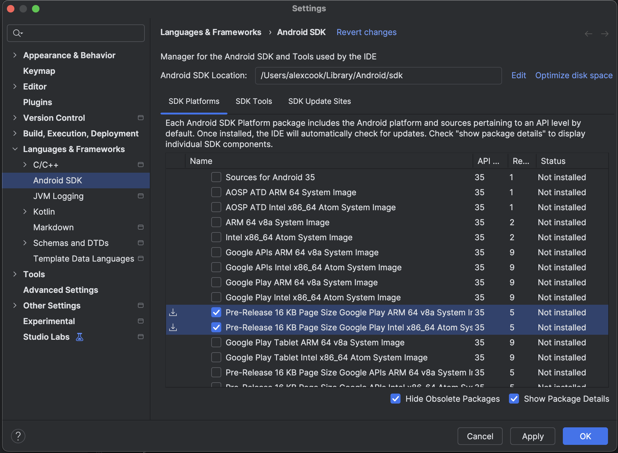 使用 Android Studio 中的 SDK 管理器下载 16 KB 模拟器系统映像