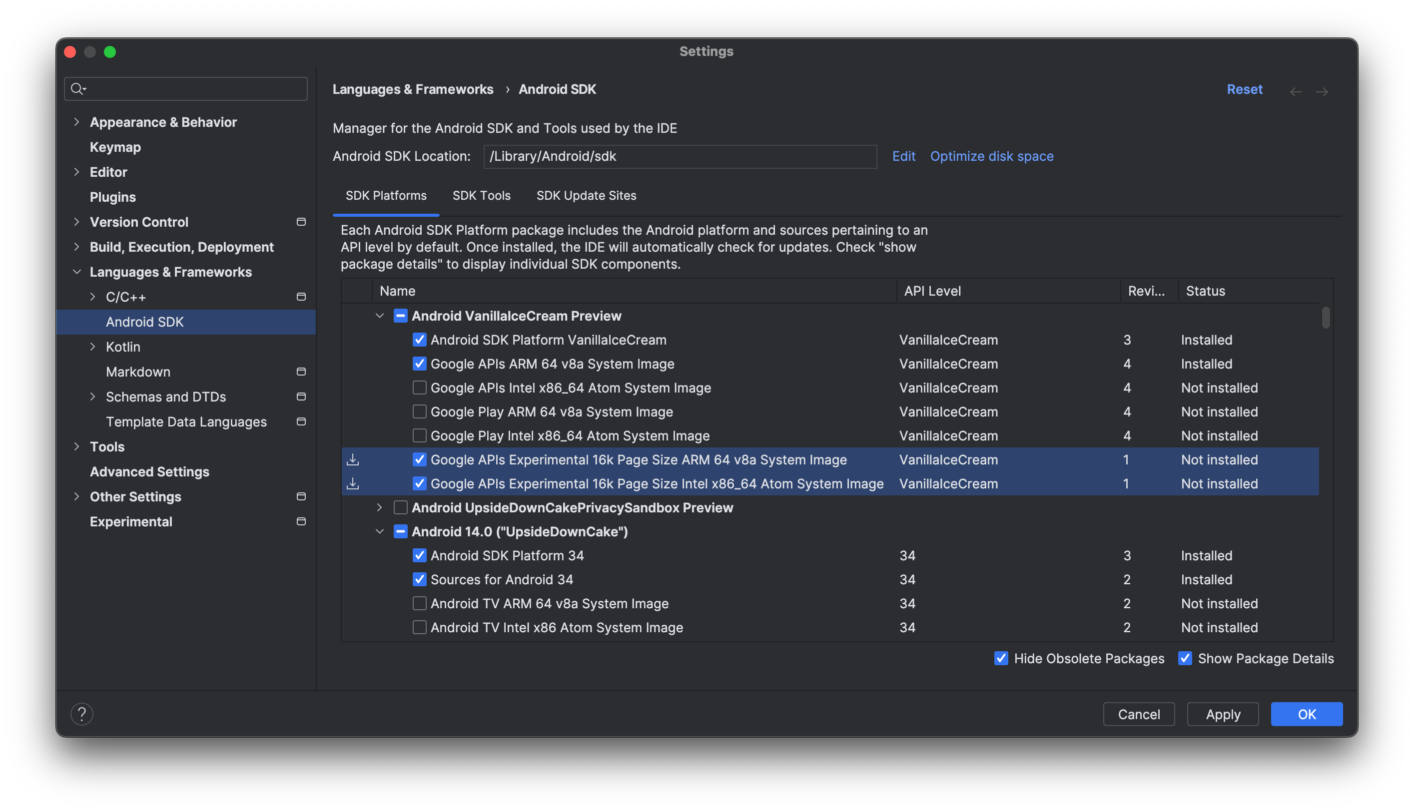 Android Studio の SDK Manager を使用して 16 KB エミュレータ システム イメージをダウンロードする