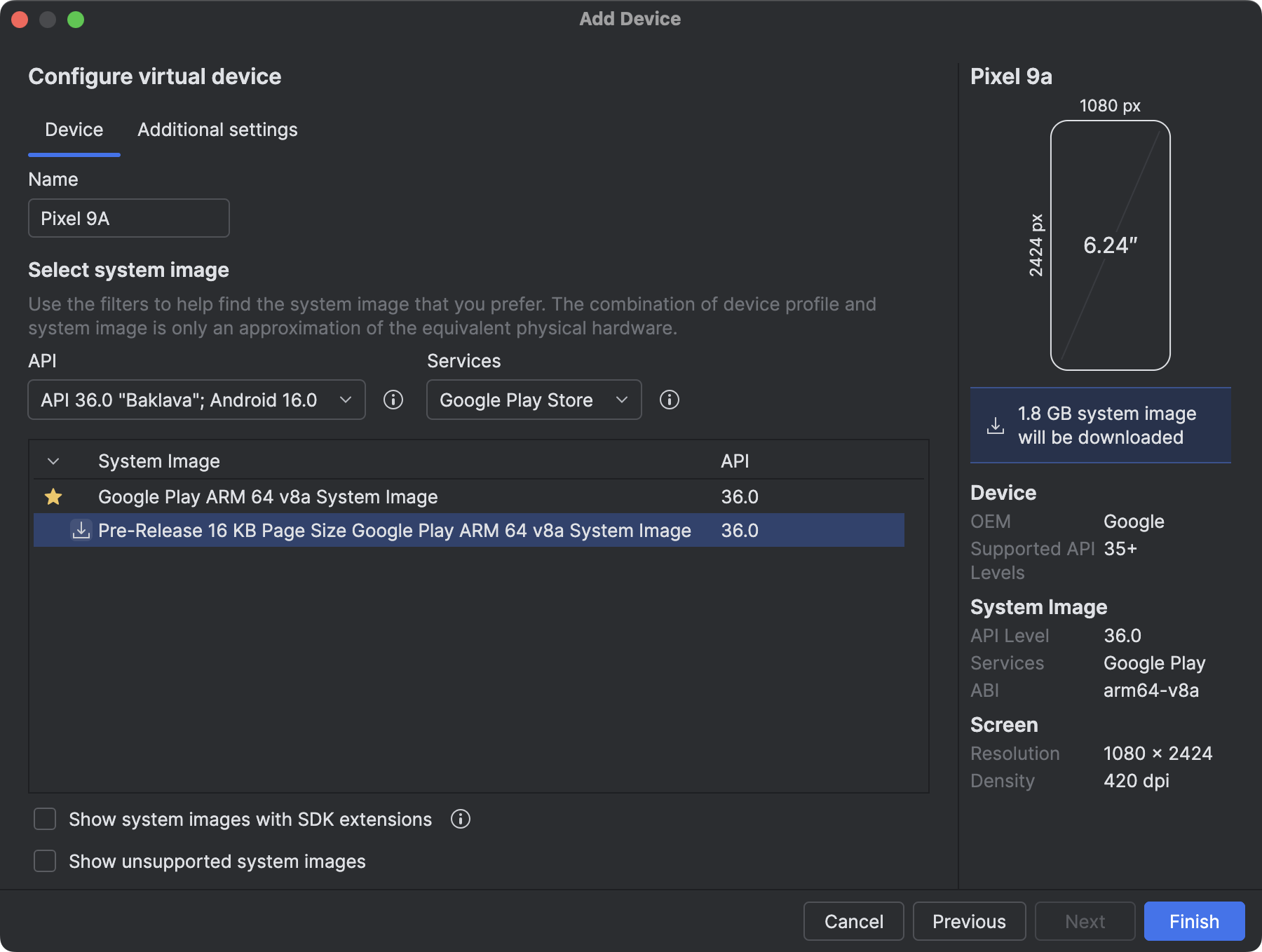 在“其他映像”标签页中找到 16 KB 模拟器映像