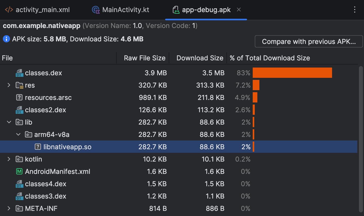 APK Analyzer-Ansicht, die zeigt, dass Dateien mit gemeinsam genutzten Objekten vorhanden sind