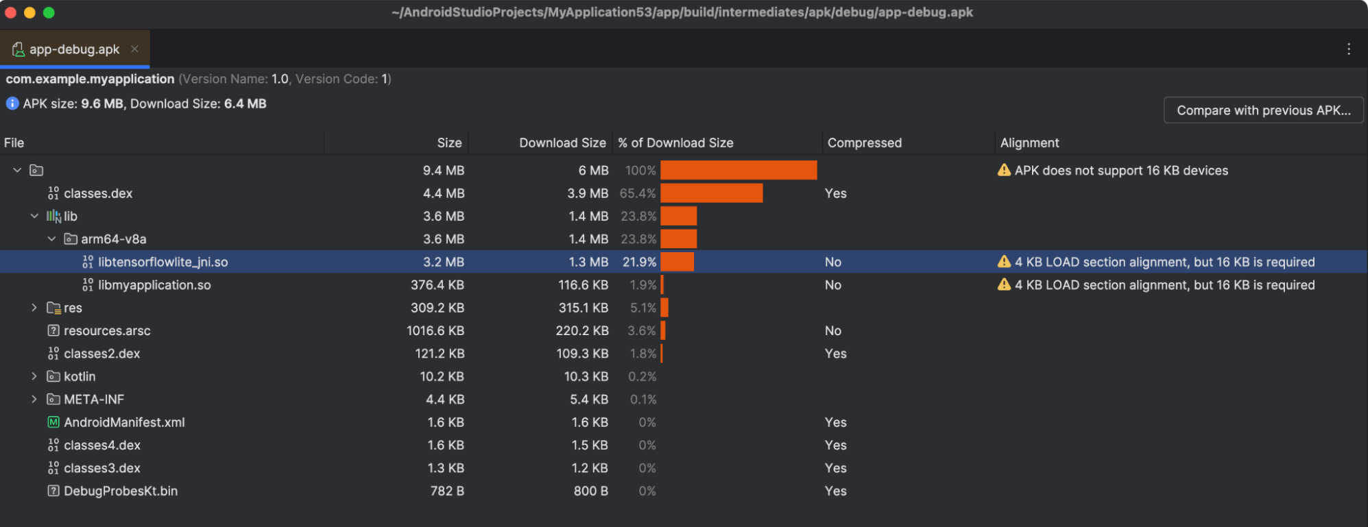 共有オブジェクト ファイルが存在することを示す APK Analyzer のビュー